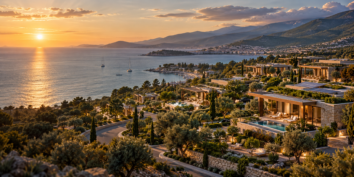 AI-generated vision of a hillside retreat above an Aegean bay at sunset