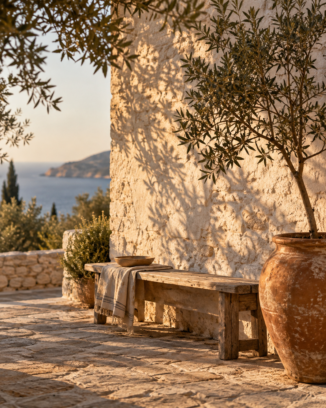 A corner of a whitewashed stone courtyard with a bench and a potted olive tree
