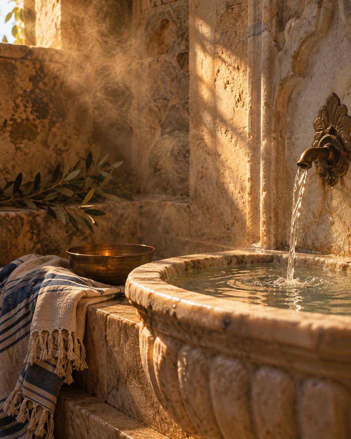 A marble basin in warm stone, lit by a shaft of light through steam
