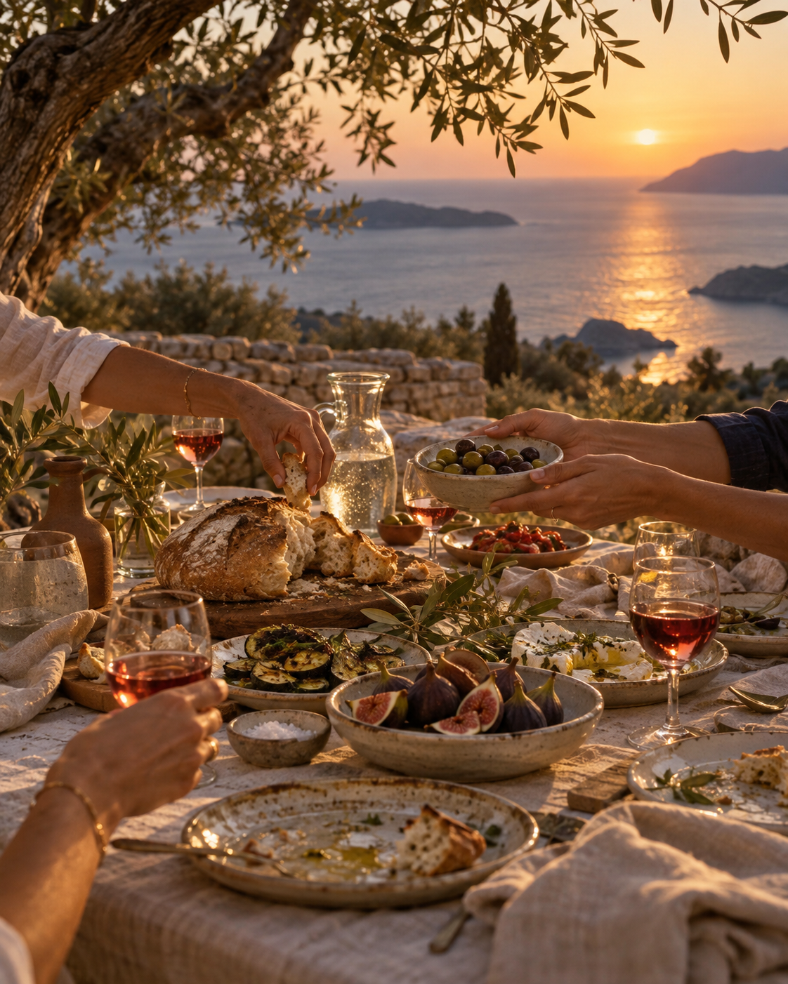 Hands passing bread across a table laid under olive trees