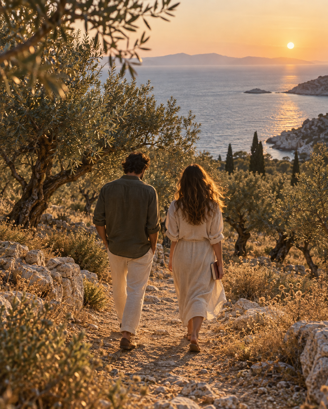 Two people walking a path between olive trees towards the sea